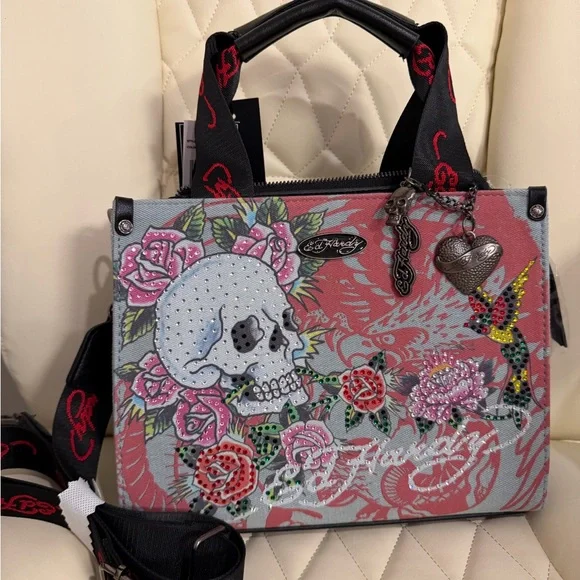 Ed Hardy Pink and Gray Tote with Skull Design - Picture 1 of 5